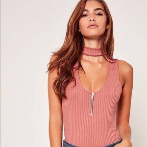 Missguided choker neck zip front bodysuit in pink